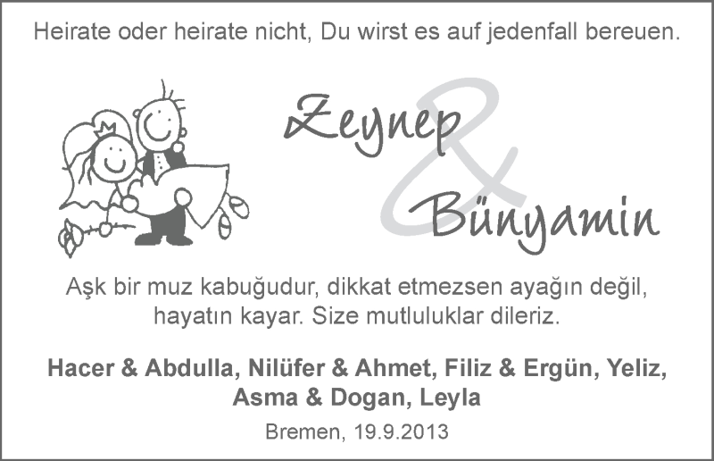 Hochzeitsanzeige von Zeynep  von WESER-KURIER