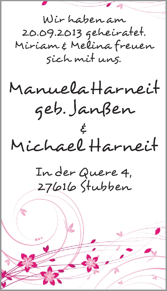 Hochzeitsanzeige von Manuela Harneit von WESER-KURIER