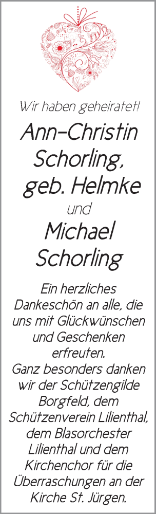 Hochzeitsanzeige von Ann-Christin Schorling von WESER-KURIER