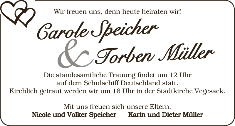 Hochzeitsanzeige von Carole Müller von WESER-KURIER