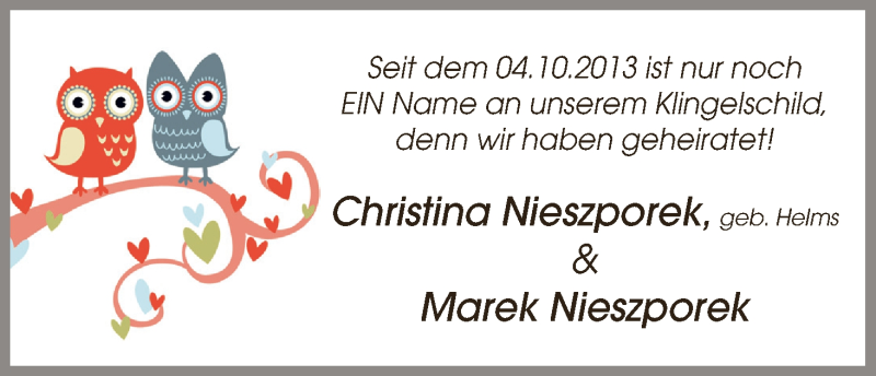 Hochzeitsanzeige von Christina Nieszporek von WESER-KURIER