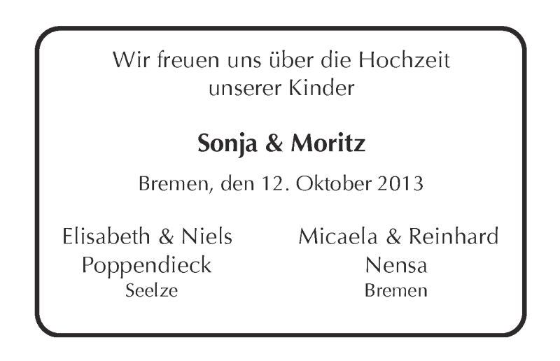Hochzeitsanzeige von Sonja  von WESER-KURIER