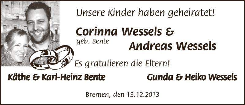 Hochzeitsanzeige von Corinna Wessels von WESER-KURIER