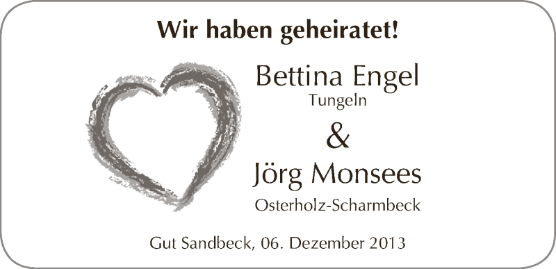 Hochzeitsanzeige von Bettina Engel von WESER-KURIER