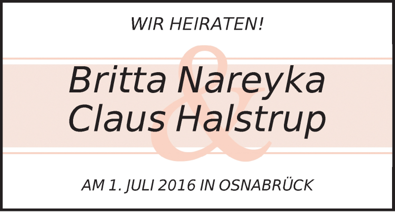 Hochzeitsanzeige von Britta Nareyka von Die Norddeutsche