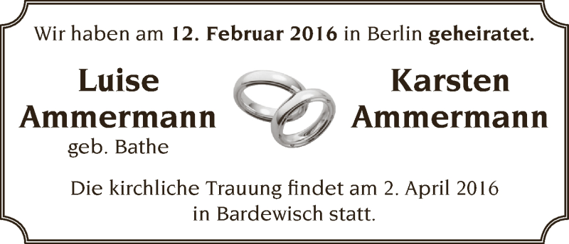 Hochzeitsanzeige von Luise Ammermann von Die Norddeutsche