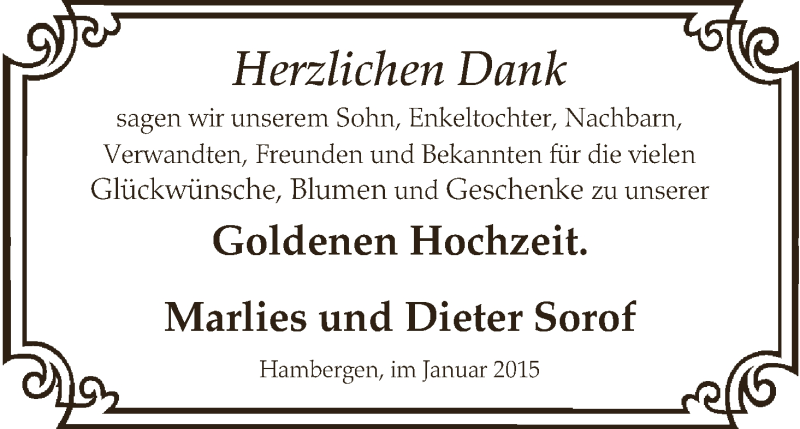 Hochzeitsanzeige von Dieter Sorof von WESER-KURIER