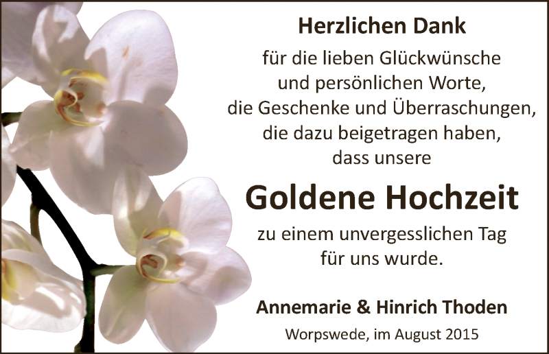 Hochzeitsanzeige von Annemarie Thoden von Wuemme Zeitung