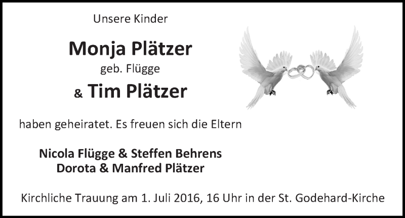 Hochzeitsanzeige von Monja Flügge von WESER-KURIER