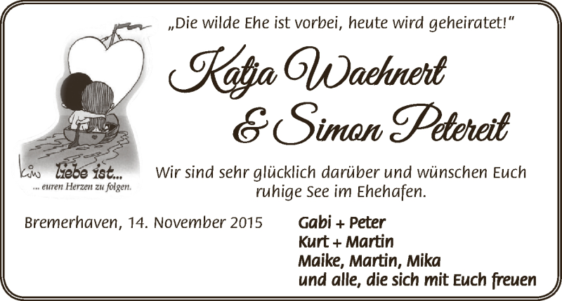 Hochzeitsanzeige von Katja Waehnert von WESER-KURIER