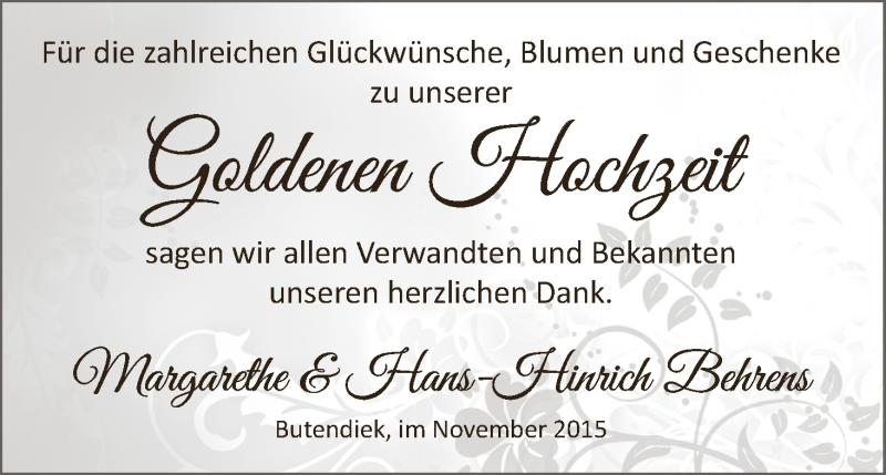 Hochzeitsanzeige von Hans-Hinrich Behrens von Wuemme Zeitung