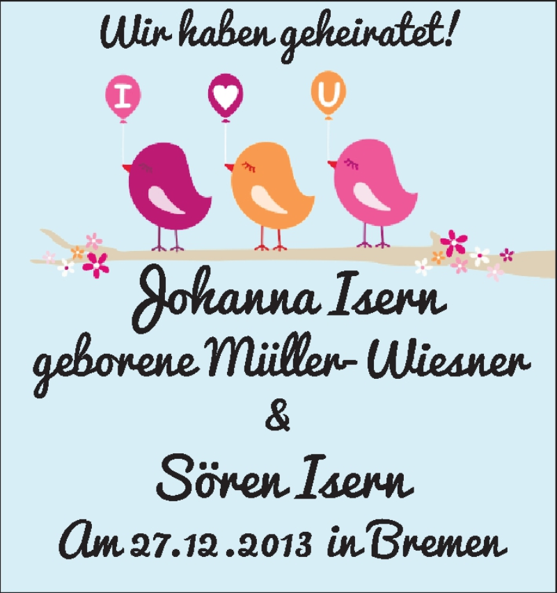 Hochzeitsanzeige von Johanna Isern von WESER-KURIER