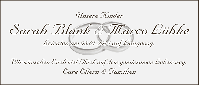 Hochzeitsanzeige von Sarah Blank von WESER-KURIER