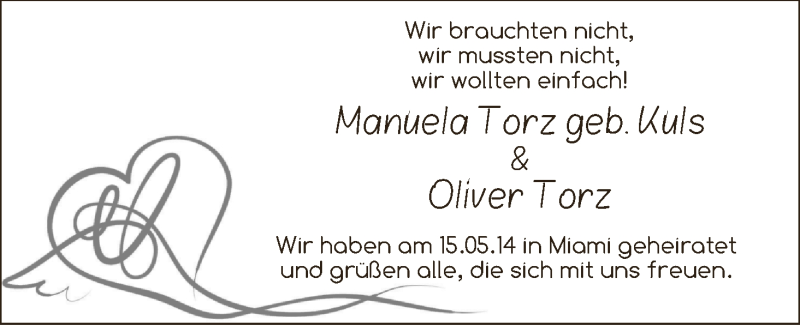 Hochzeitsanzeige von Mauela Torz von WESER-KURIER