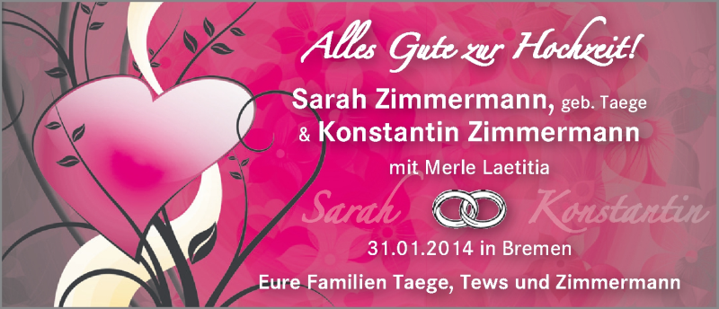 Hochzeitsanzeige von Sarah Zimmermann von WESER-KURIER