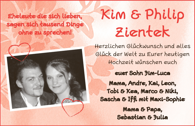 Hochzeitsanzeige von Kim Zientek von WESER-KURIER