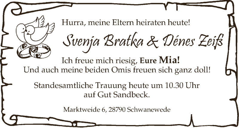 Hochzeitsanzeige von Svenja Bratka von WESER-KURIER