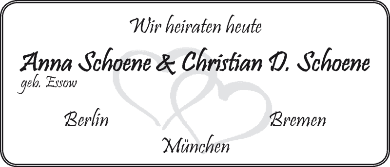 Hochzeitsanzeige von Anna Schoene von WESER-KURIER