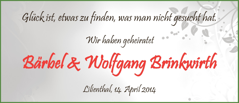 Hochzeitsanzeige von Bärbel Brinkwirth von WESER-KURIER