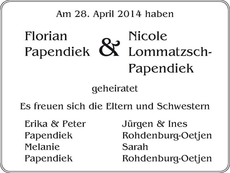 Hochzeitsanzeige von Florian Papendiek von WESER-KURIER