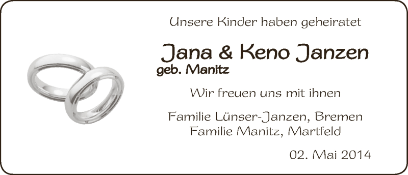 Hochzeitsanzeige von Jana Janzen von WESER-KURIER