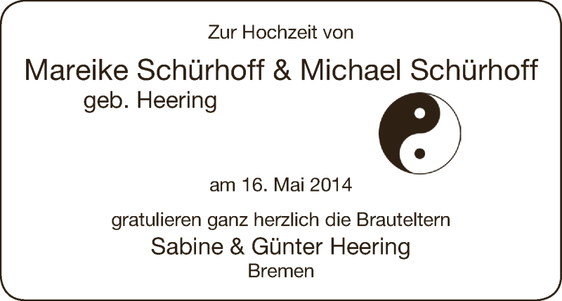 Hochzeitsanzeige von Mareike Schürhoff  von WESER-KURIER