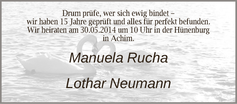 Hochzeitsanzeige von Manuela Rucha  von WESER-KURIER