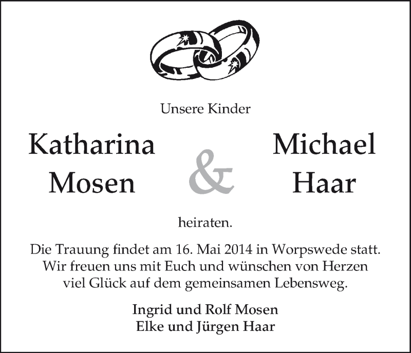 Hochzeitsanzeige von Katharina Mosen von WESER-KURIER