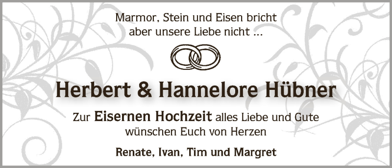 Hochzeitsanzeige von Herbert Hübner von WESER-KURIER