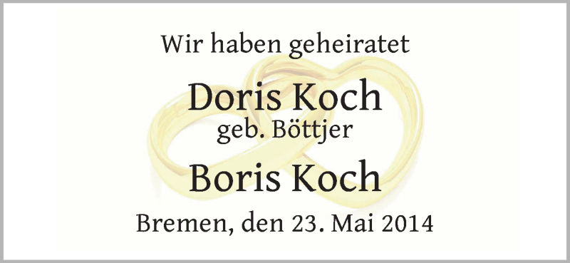 Hochzeitsanzeige von Doris Koch von WESER-KURIER