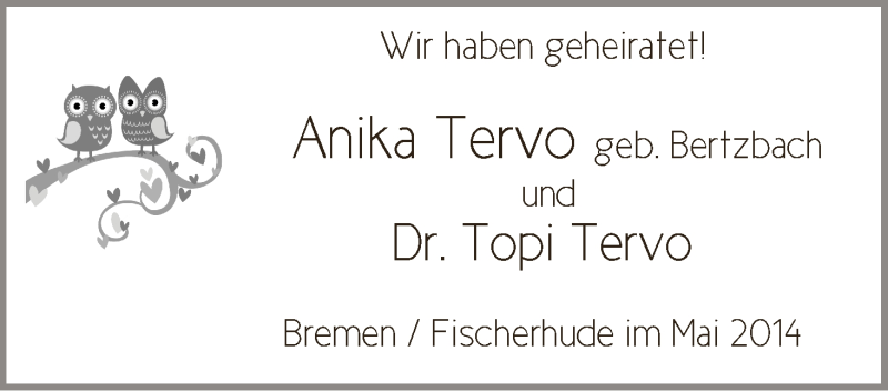 Hochzeitsanzeige von Anika Tervo von WESER-KURIER