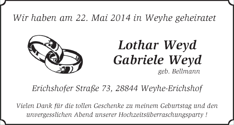 Hochzeitsanzeige von Lothar Weyd von WESER-KURIER