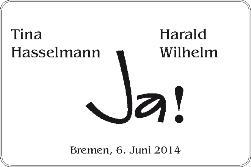 Hochzeitsanzeige von Tina Hasselmann von WESER-KURIER