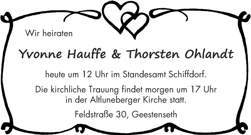 Hochzeitsanzeige von Yvonne Hauffe von WESER-KURIER