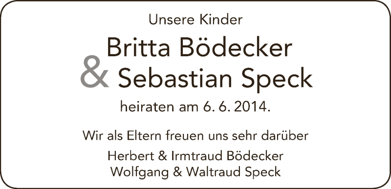 Hochzeitsanzeige von Britta Bödecker von WESER-KURIER