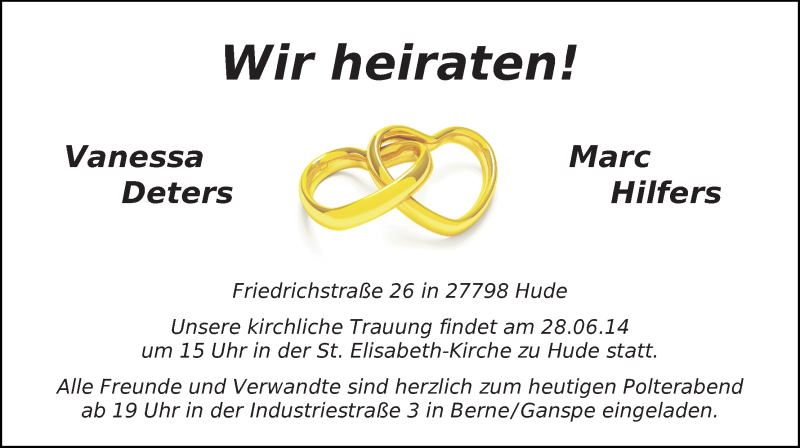 Hochzeitsanzeige von Vanessa Deters von WESER-KURIER