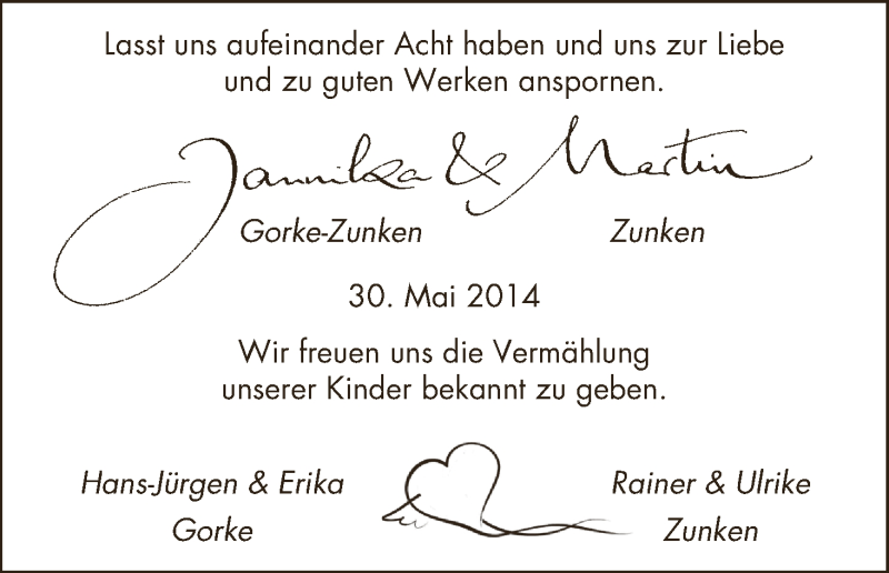 Hochzeitsanzeige von Jannika Gorke-Zunken von WESER-KURIER