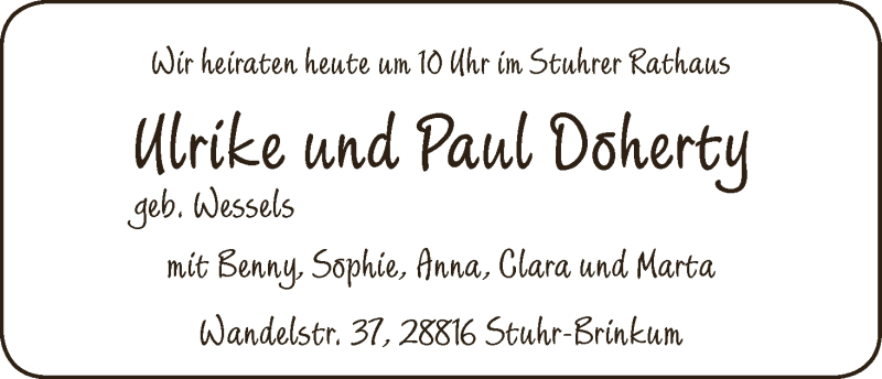 Hochzeitsanzeige von Ulrike Doherty von WESER-KURIER