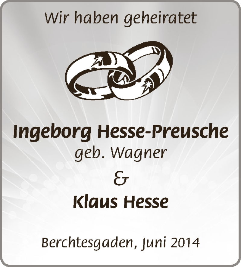 Hochzeitsanzeige von Ingeborg Hesse-Preusche von WESER-KURIER