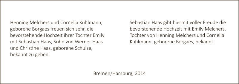 Hochzeitsanzeige von Emily Haas von WESER-KURIER