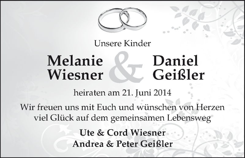 Hochzeitsanzeige von Melanie Wiesner von WESER-KURIER