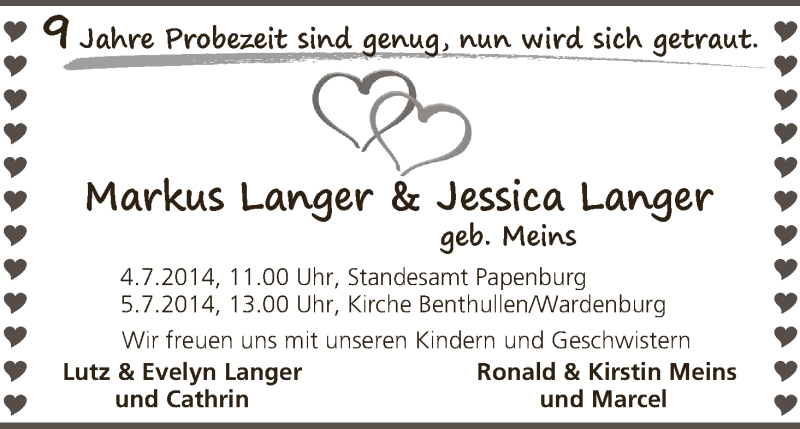 Hochzeitsanzeige von Markus Langer von WESER-KURIER