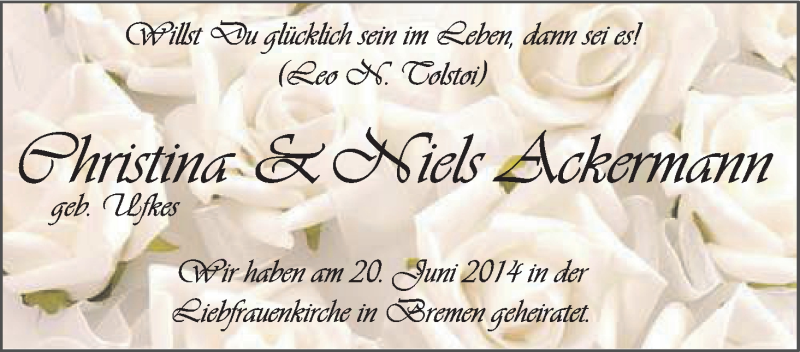 Hochzeitsanzeige von Christina Ackermann von WESER-KURIER