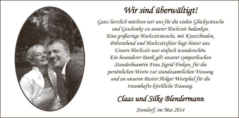 Hochzeitsanzeige von Claas Blendermann von WESER-KURIER
