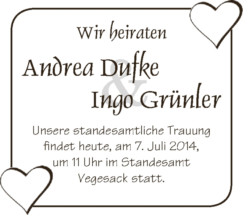 Hochzeitsanzeige von Andrea Dufke von WESER-KURIER