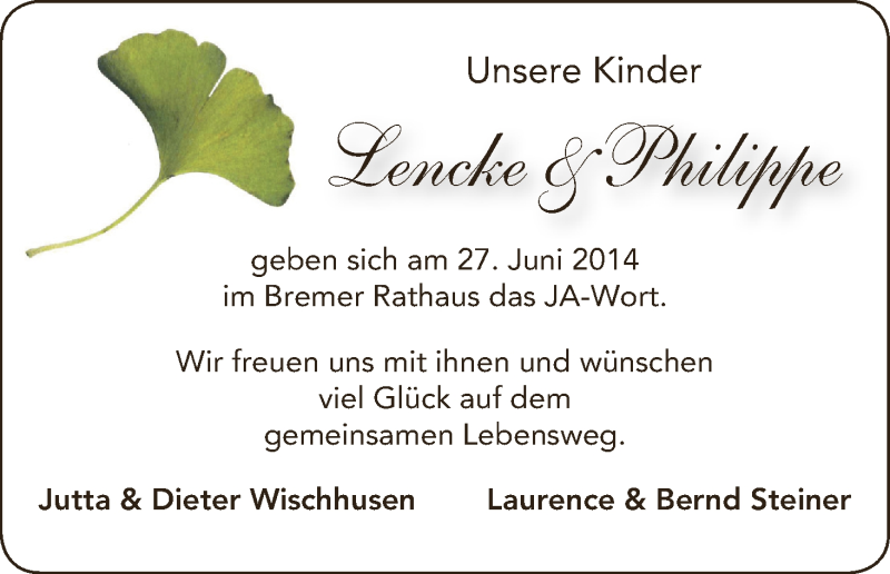 Hochzeitsanzeige von Lencke  von WESER-KURIER