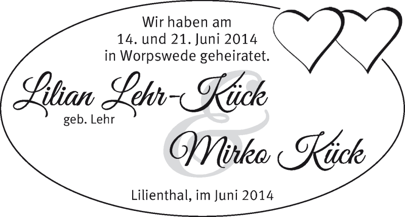 Hochzeitsanzeige von Lilian Lehr-Kück von WESER-KURIER