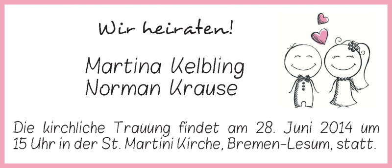 Hochzeitsanzeige von Martina Kelbling von WESER-KURIER