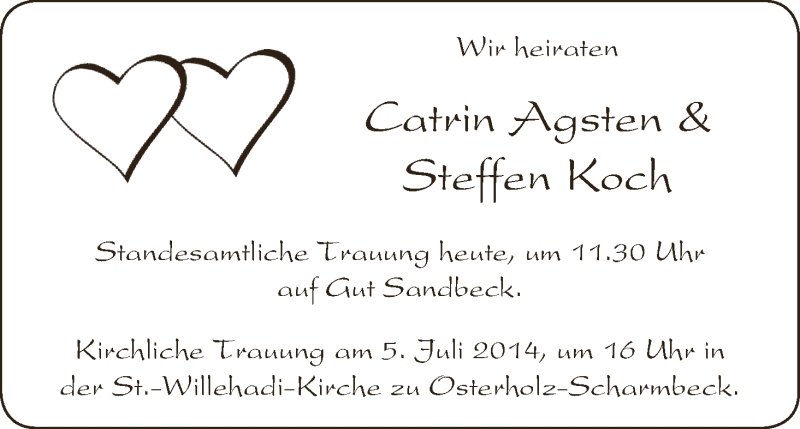 Hochzeitsanzeige von Catrin Agsten von WESER-KURIER