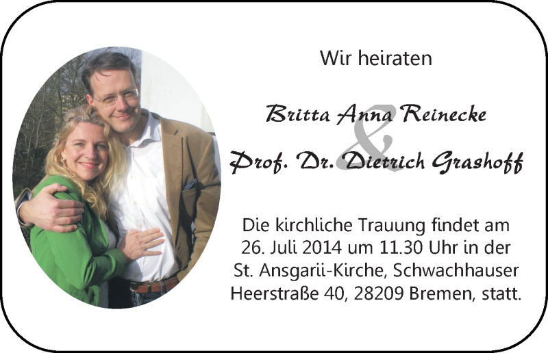 Hochzeitsanzeige von Britta Anna Reinecke von WESER-KURIER